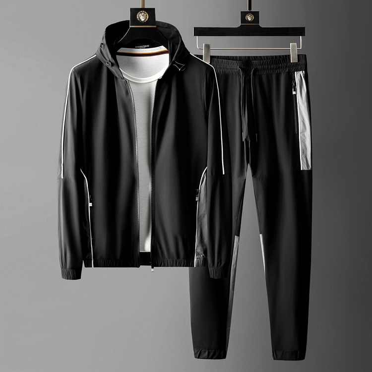 高端男休闲套装春秋超薄冰丝速干面料连帽运动卫衣套装男两件套男