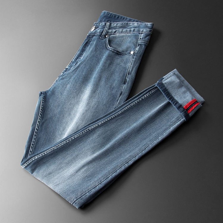 夏季定制 轻薄舒适透气针织牛仔裤男 修身直筒男士浅色弹性牛仔裤
