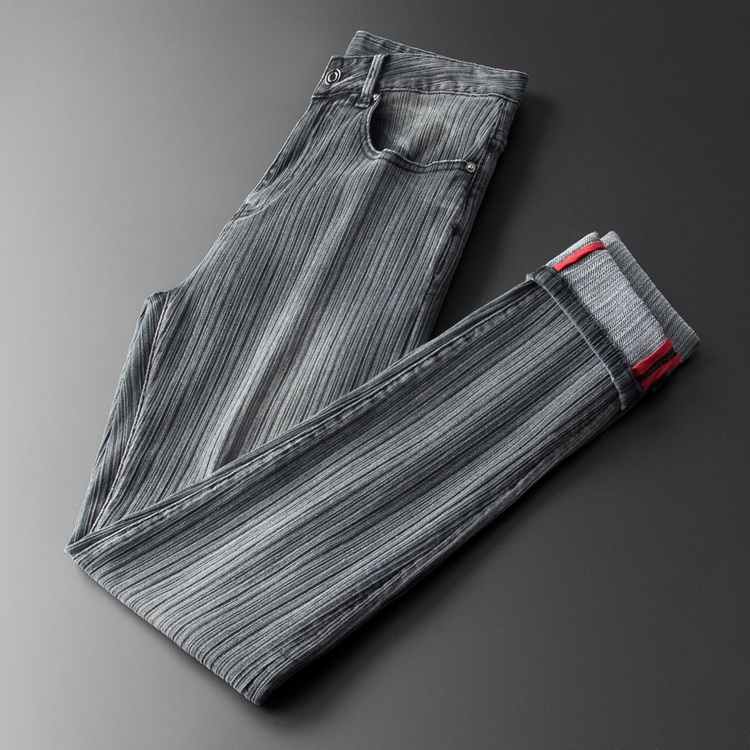 秋季舒适好穿牛仔裤男  褶皱针织男士弹性牛仔裤灰色做旧长裤子男