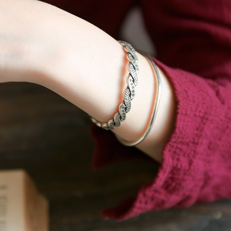 远镇 正品泰国清迈手工银手镯子女款复古文艺990足银纯银开口麻花