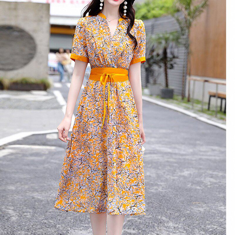 夏气质连衫连衣裙条纹绿色乔其纱大摆飘逸中长束腰连衣裙