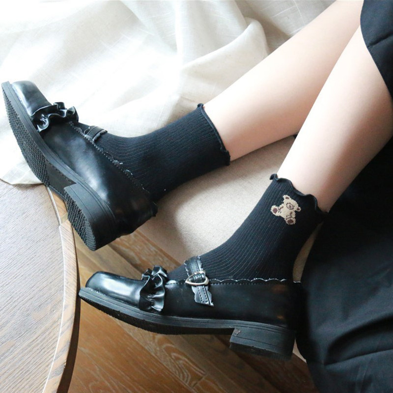 jk制服小熊の日系卡通熊木耳边中筒袜可爱少女堆堆袜棉短袜 - 小姑娘