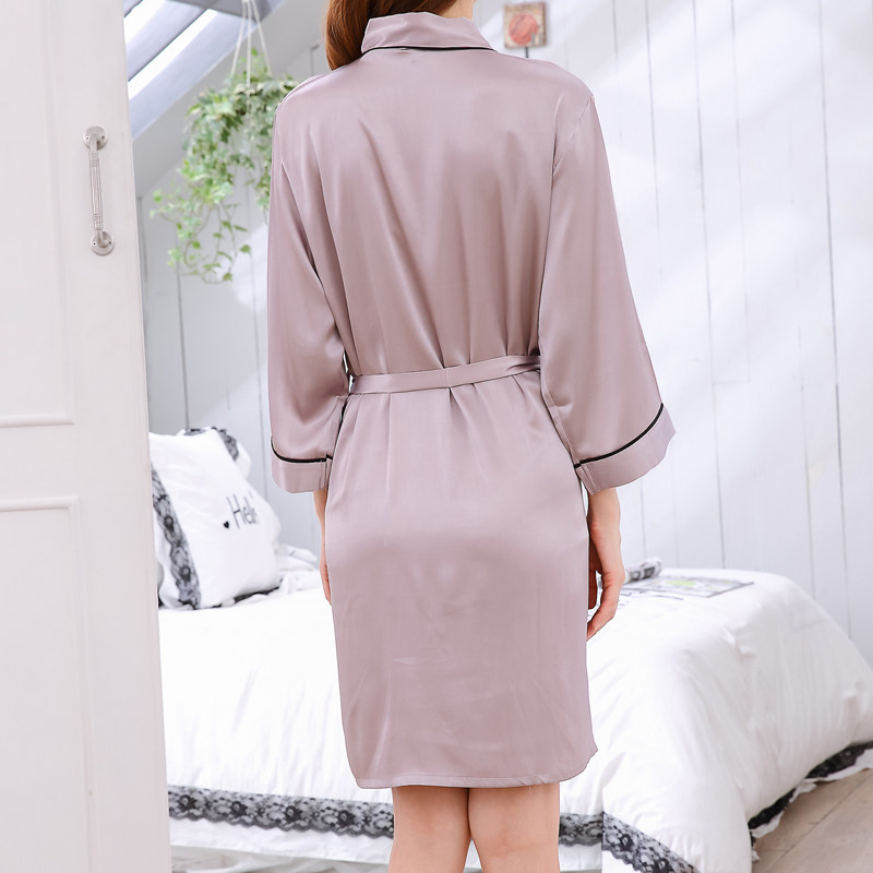 卡欧澜秋季薄款女浴袍拼接装饰睡衣性感家居服纯色睡袍