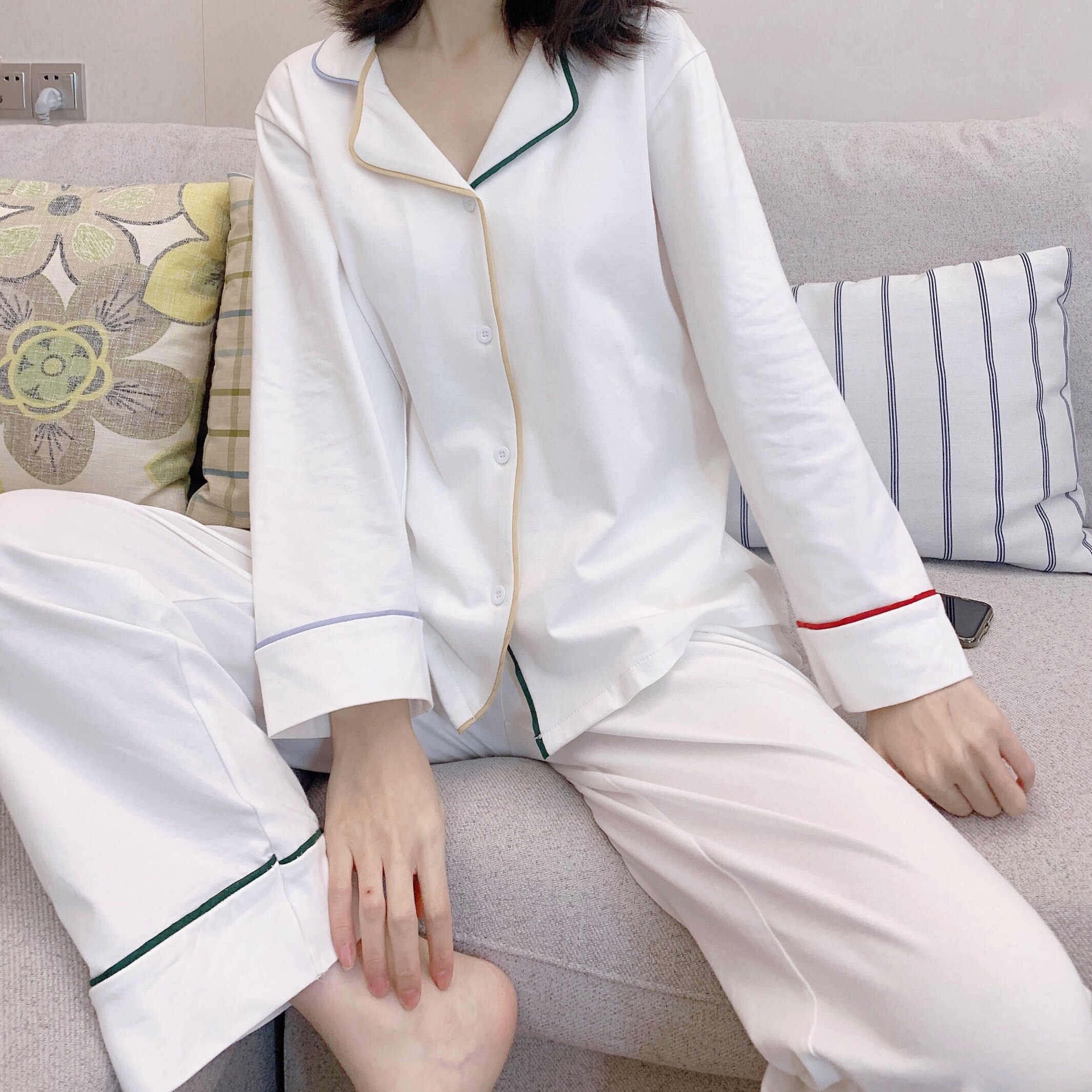 日系睡衣女春秋纯棉长袖韩版宽松白色家居服女秋冬可出门薄款套装