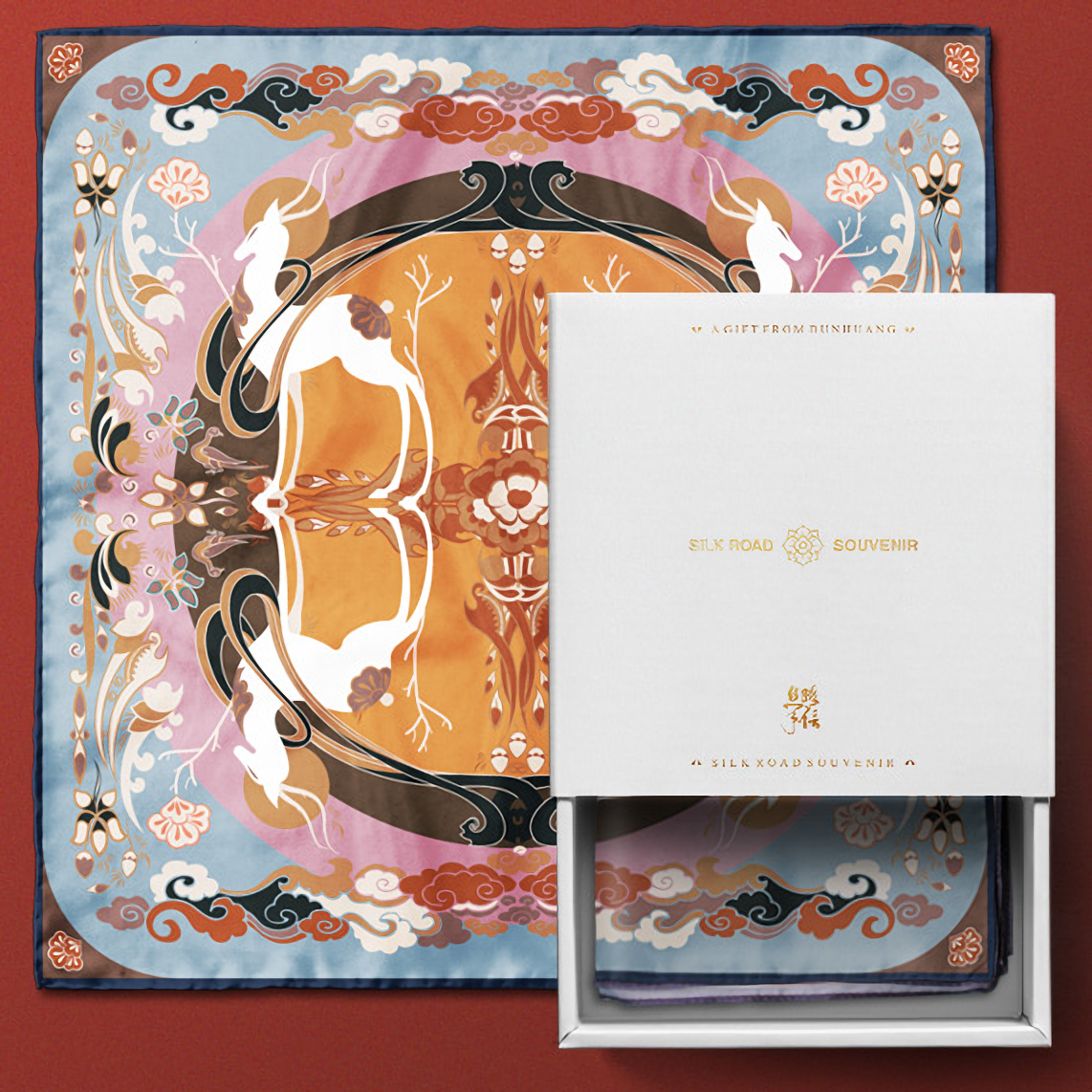 敦煌博物馆九色鹿真丝丝巾女小方巾文创创意礼品围巾