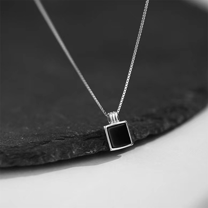 s925纯银几何黑色方形项链锁骨设计高级气质项链