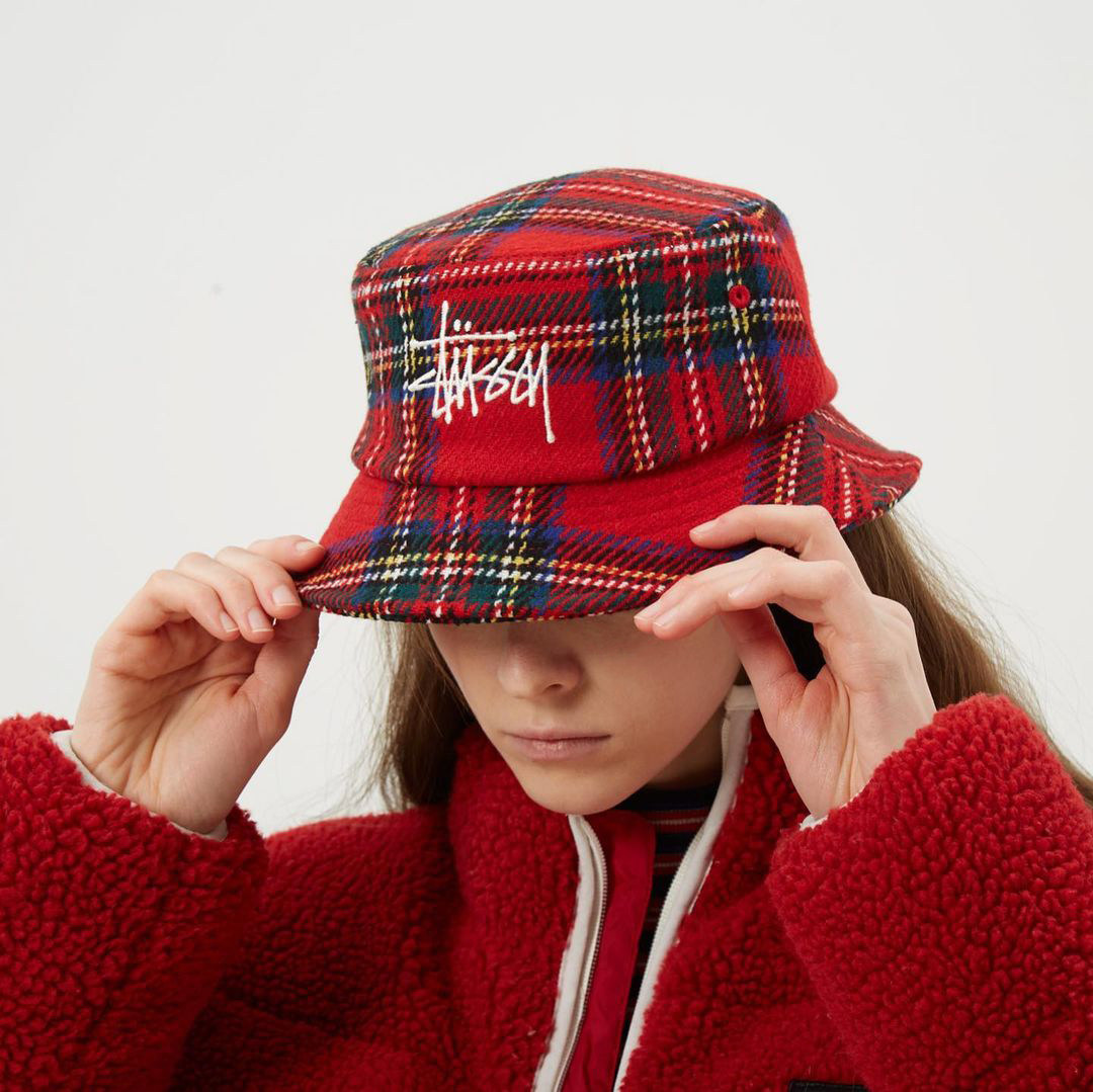 潮物woostussybiglogoplaidbuckethat格纹刺绣帽子