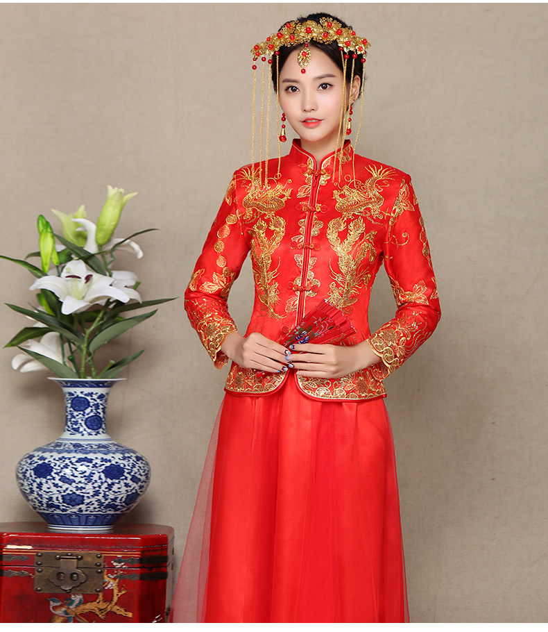 新娘结婚敬酒服礼服长款2017新款长袖红色显瘦中式复古旗袍秀禾