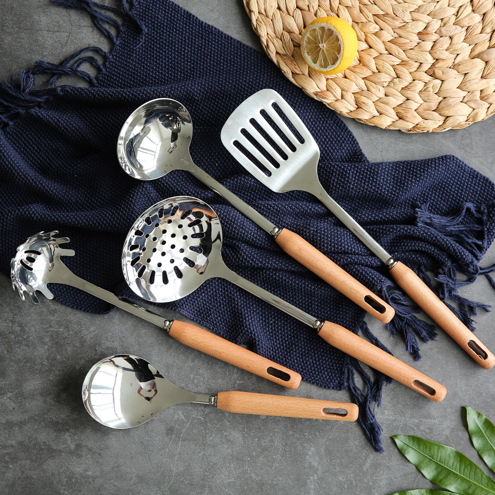 川岛屋日式木柄把不锈钢炒菜铲子锅铲汤勺炒勺煎铲锅铲