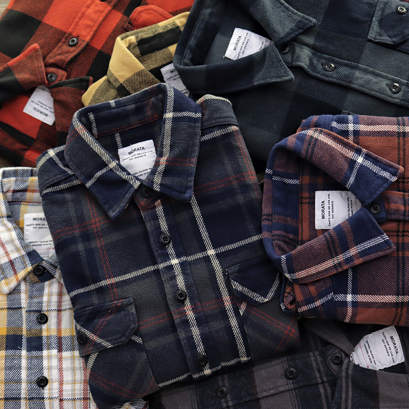 vintage 美式复古衬衣外套加厚休闲大码法兰绒磨毛长袖格子衬衫男