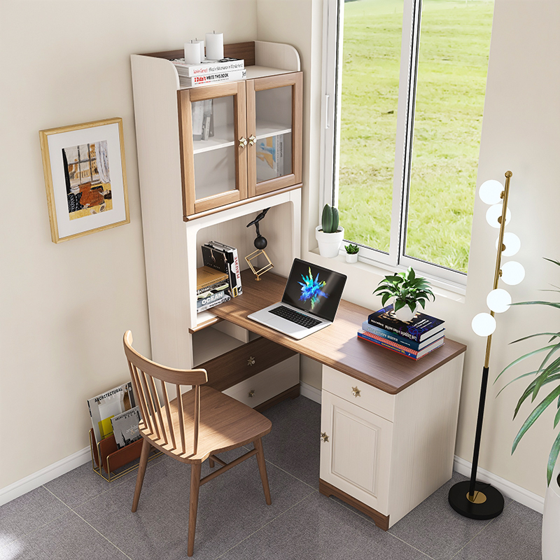 现代实木转角书桌书柜组合家用学生拐角连体电脑桌