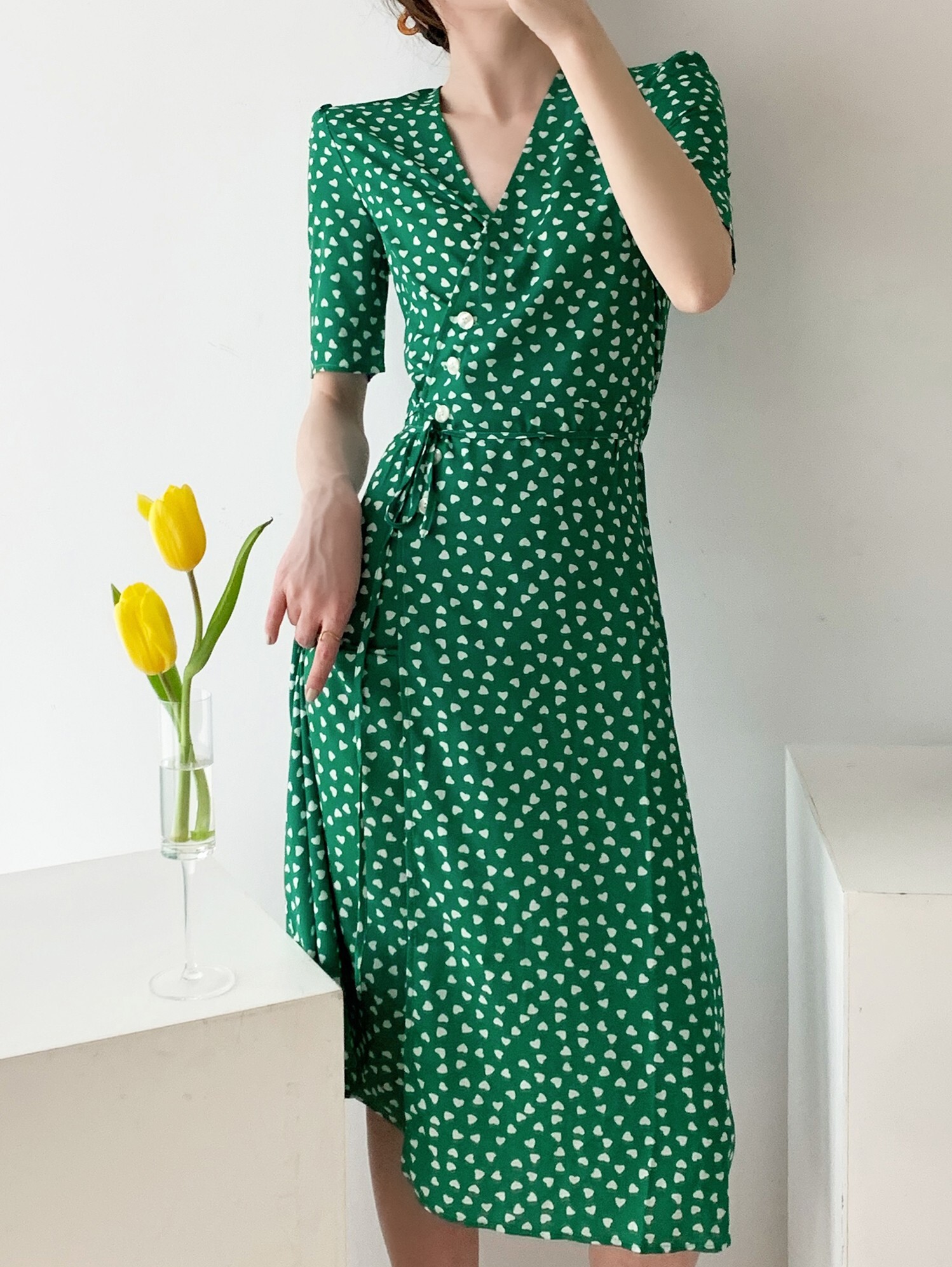 hiceci店茶歇裙泡泡法式复古雪纺碎花连衣裙春夏连衣裙