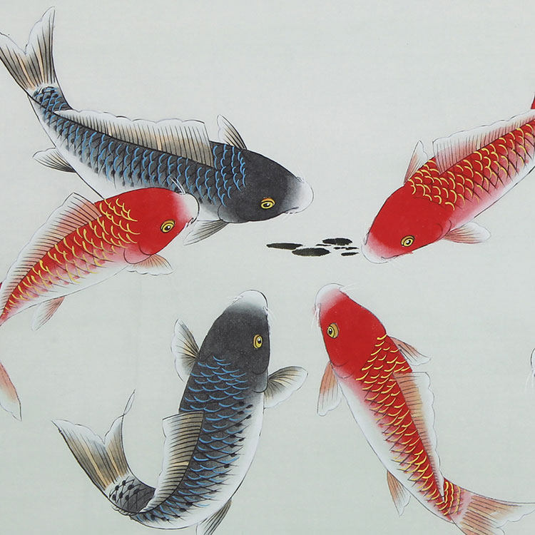 中国画九鱼图年年有余鲤鱼富贵牡丹九鲤图客厅字画水墨画送礼横幅