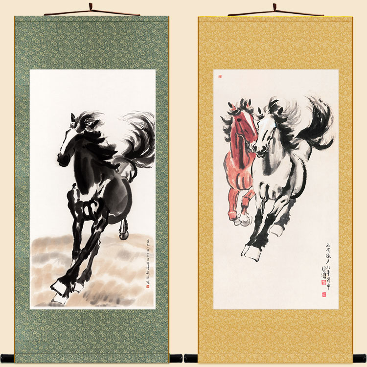 徐悲鸿平原奔马马到成功双马骏马卷轴画挂画书房客厅国画