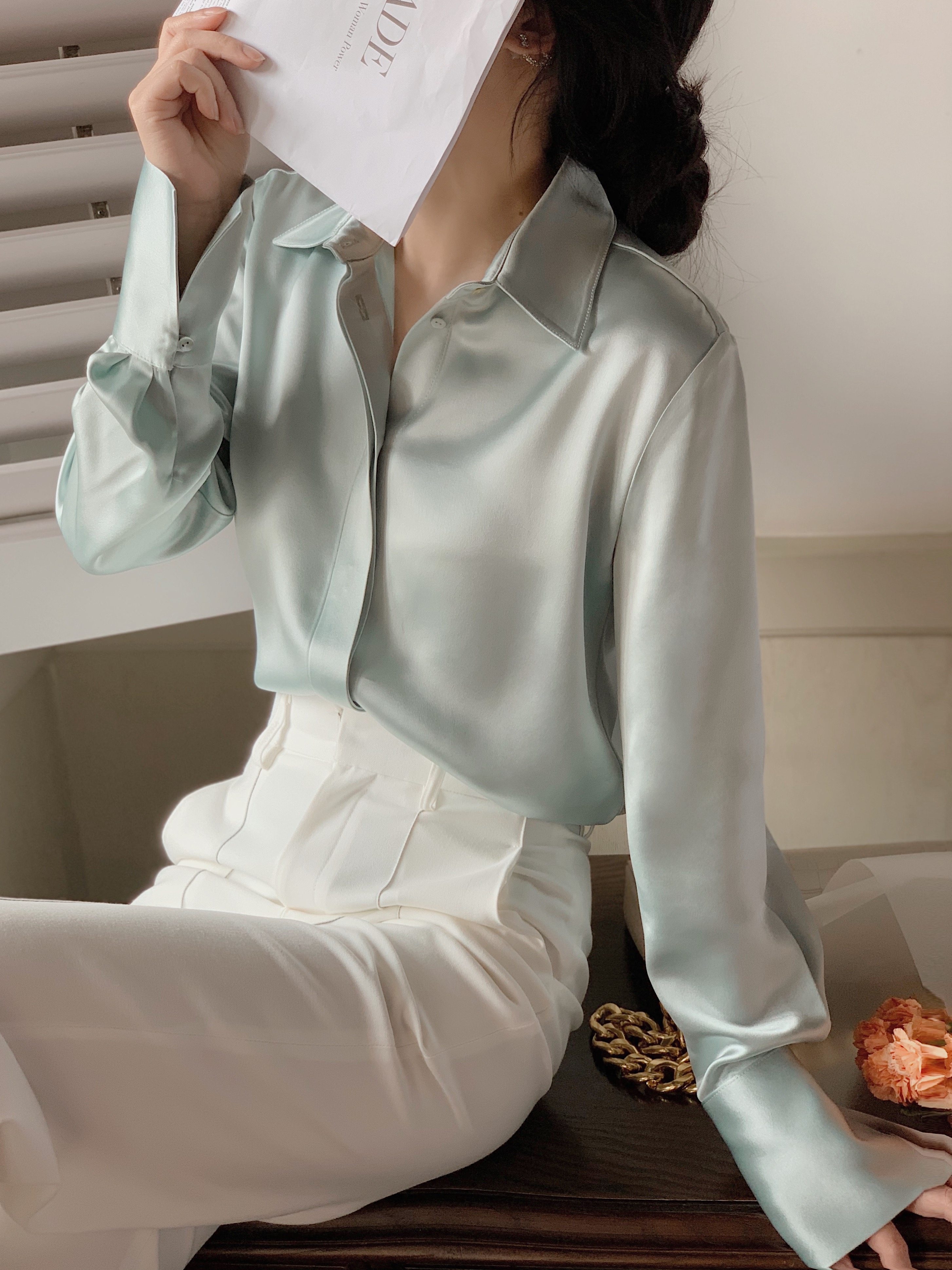 kcb衬衫白衬衫醋酸丝质法式设计新款衬衣缎面衬衫