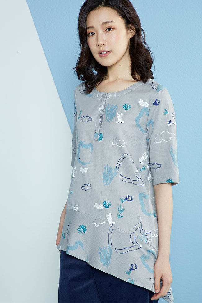 台湾以旺yvonne纯棉印花斜摆上衣居家现货春夏睡衣