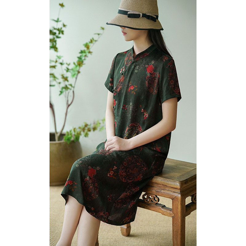 cvcco文君透孔花罗香云真丝短袖旗袍连衣裙低调连衣裙