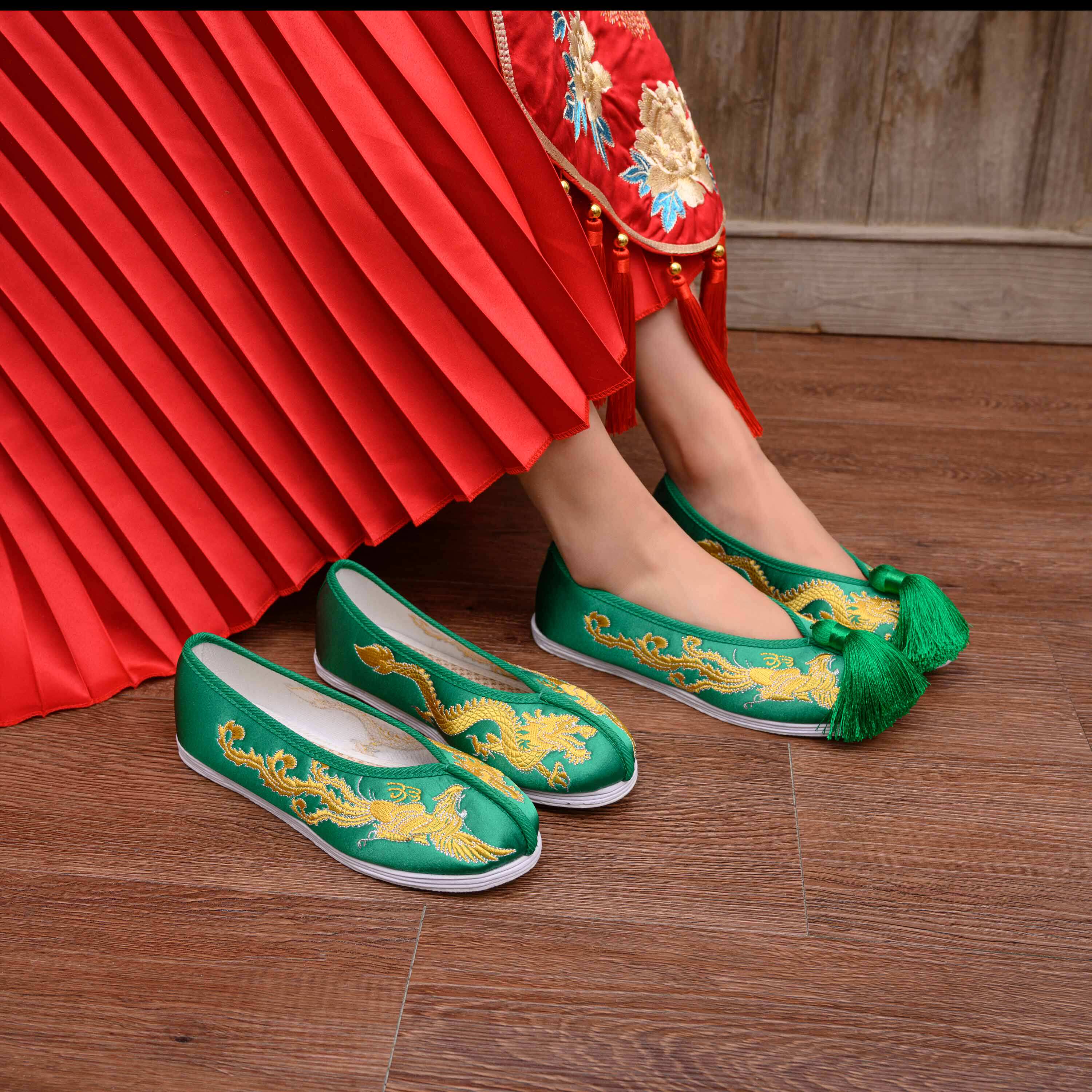 新款秀禾中式新娘结婚翠绿布鞋平底龙凤鞋婚布鞋