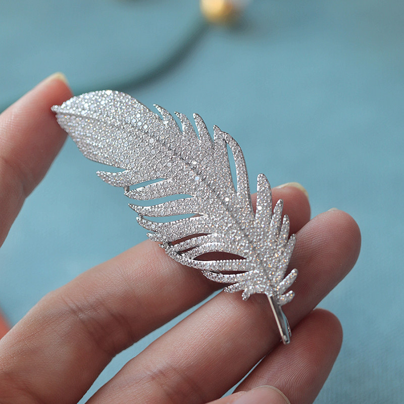 韩国经典高档满钻铜锆石银色羽毛胸针胸花女优胸针