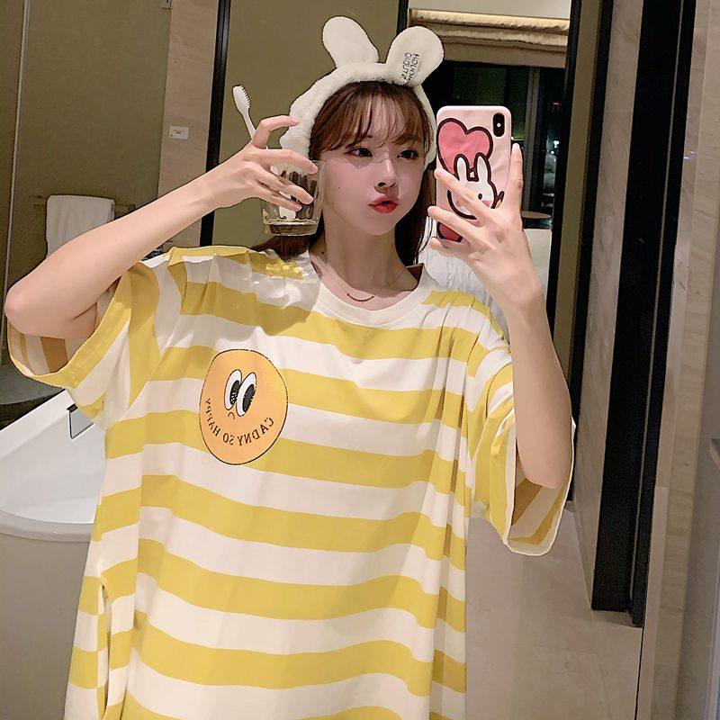 甜美条纹睡裙女夏季纯棉网红可爱大码家居服宽松全棉长款少女睡衣