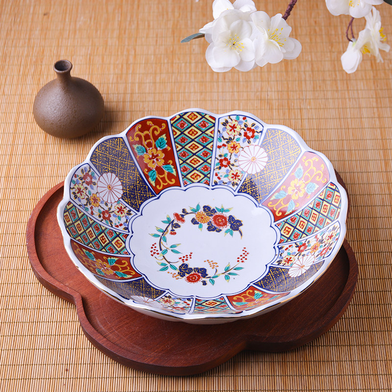 日式创意花边大碗贴花陶瓷刺身碗大汤碗复古日料盘