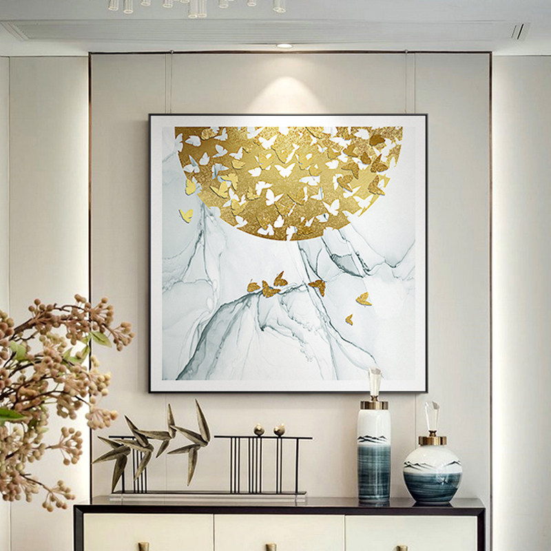 新中式形墙餐厅客厅现代简约挂画有鱼画年正方形正方现代装饰画