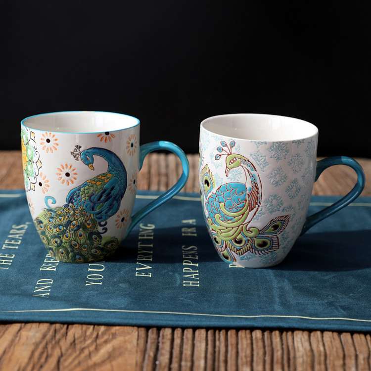 杯子手工绘制陶瓷孔雀孔雀花花纹马克杯水水杯马克杯