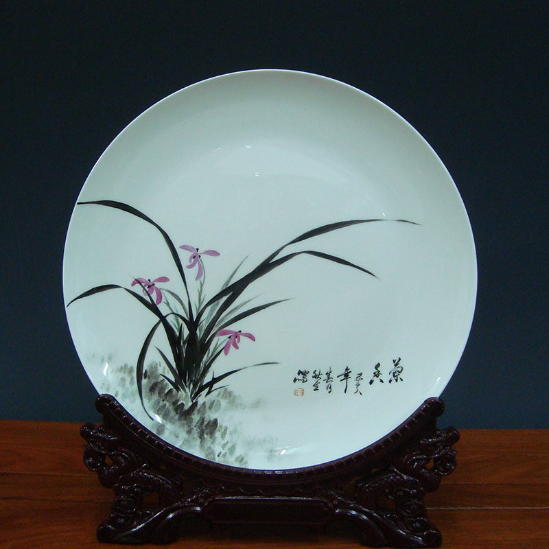 景德镇陶瓷名家秋生手绘兰花艺术盘坐装饰画盘瓷盘子装饰坐盘