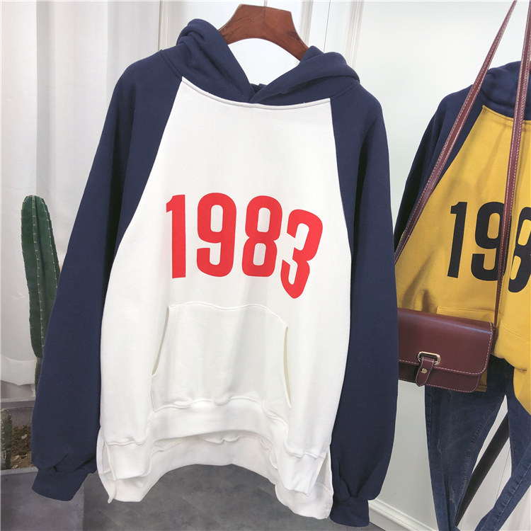 韩版1983数字印花宽松毛圈棉插肩袖卫衣女春季女装学生连帽套头衫