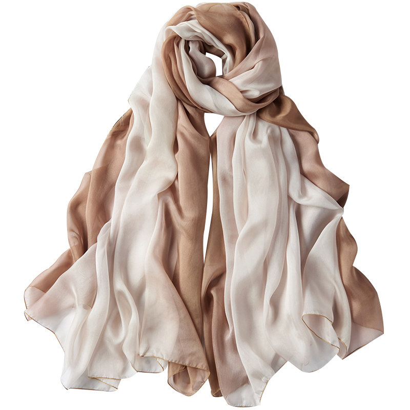 桑蚕蚕丝丝巾女士真丝围巾春秋秋冬季长款米色围巾