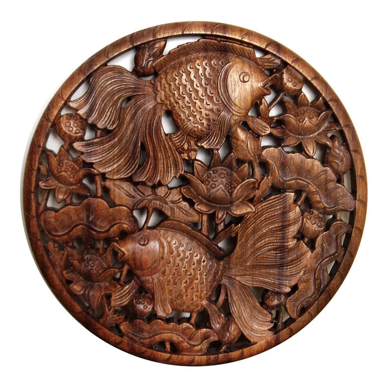 特惠金色双鱼荷花圆形木雕壁饰创意挂件墙面壁饰