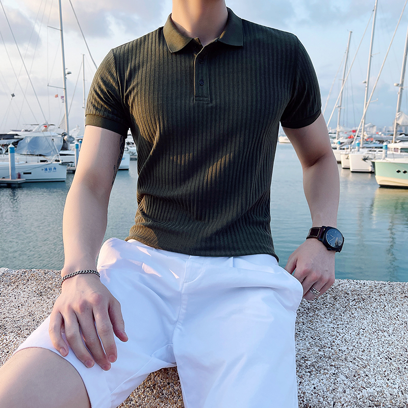 2022夏季 坑条纹针织透气冰丝t恤翻领百搭纯色舒适短袖polo衫男