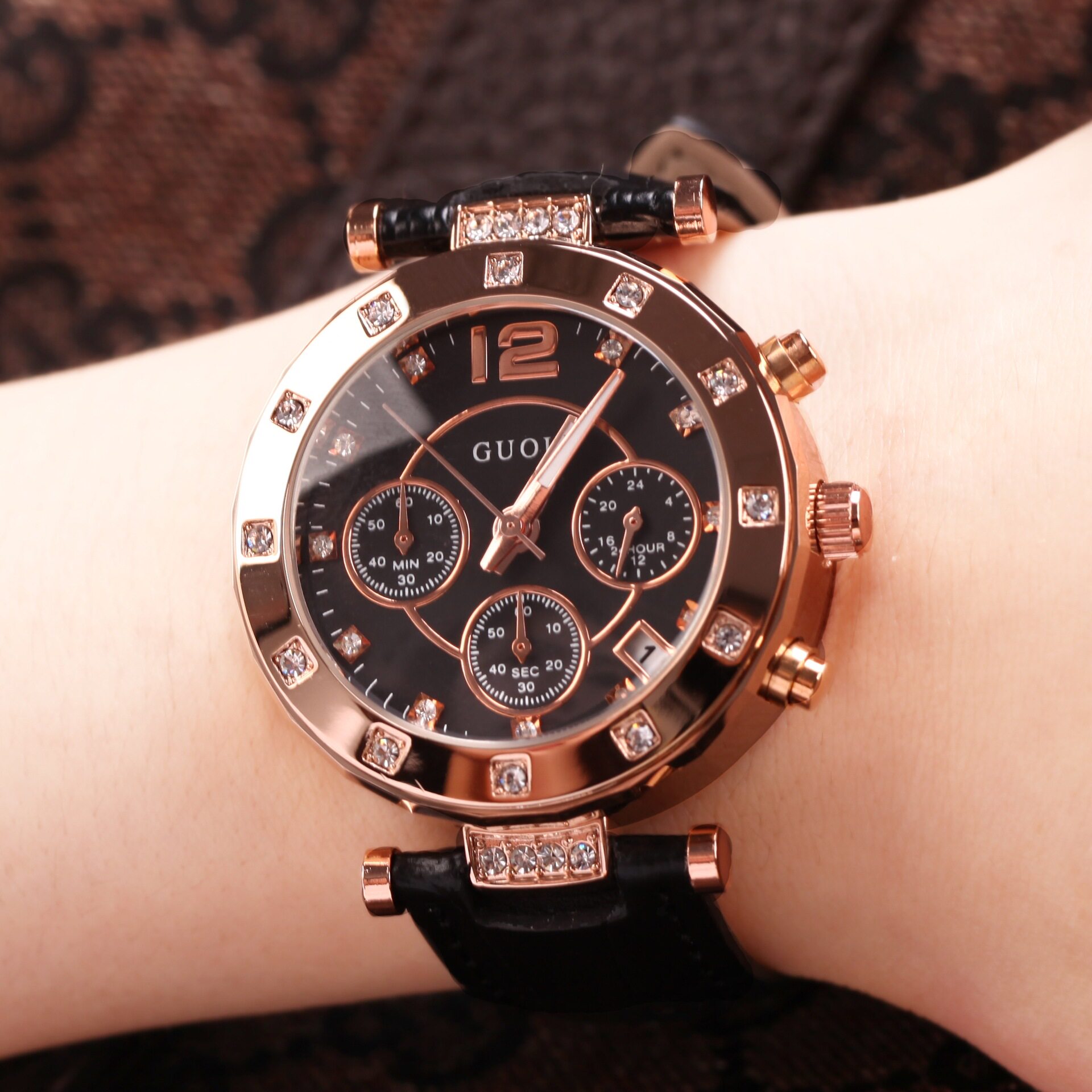 guou新款古欧皮女时装表韩版时尚潮流表盘镶钻防水国产腕表