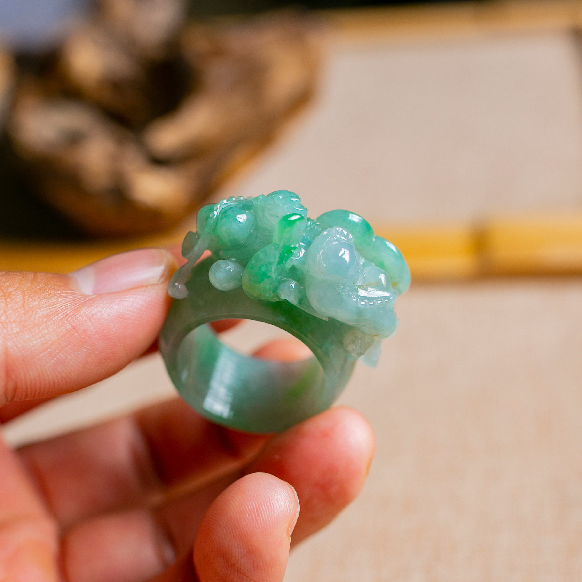 锦玉天然翡翠戒指双龙戏珠扳指翠绿绿冰xfy1920戒指