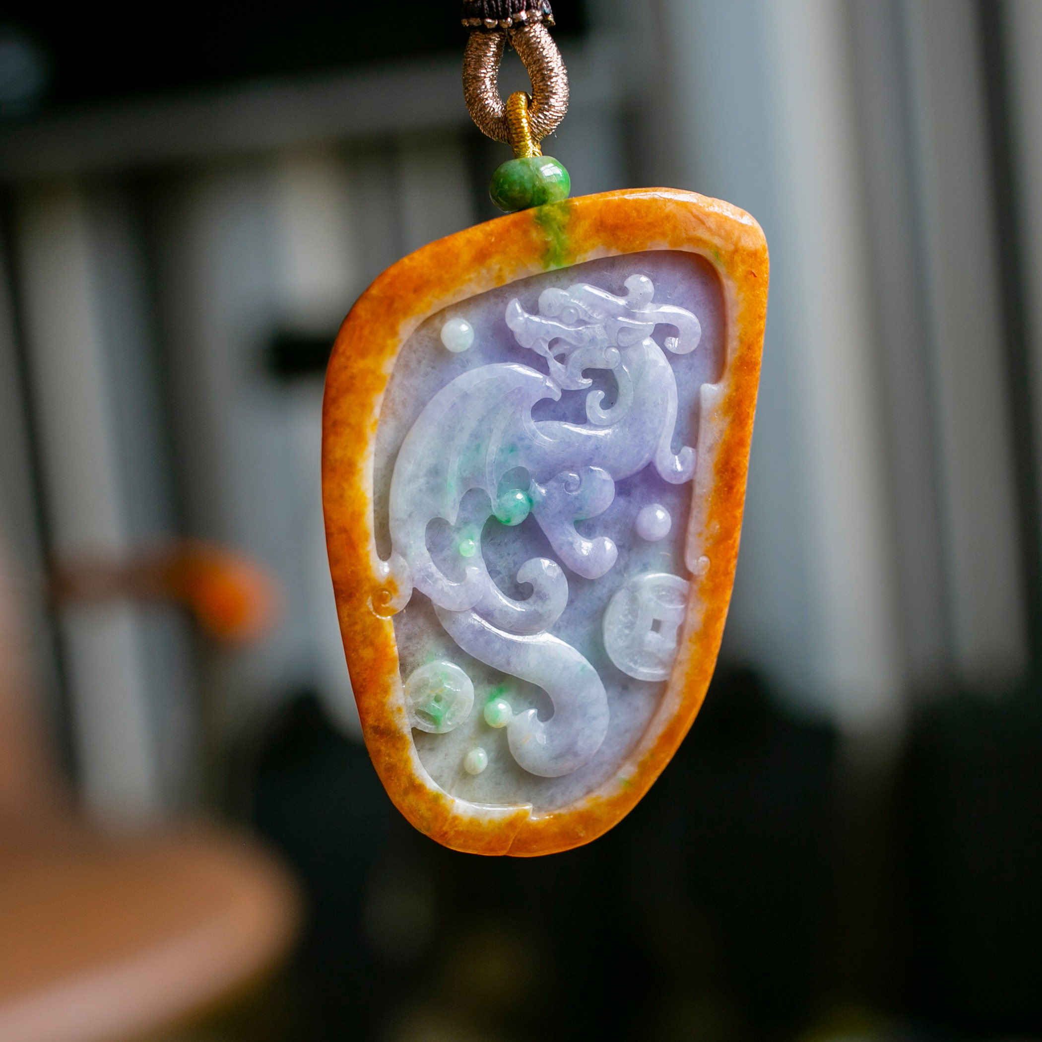 锦玉天然翡翠挂件仿古龙牌俏色紫罗兰冰种xxc0533颈饰