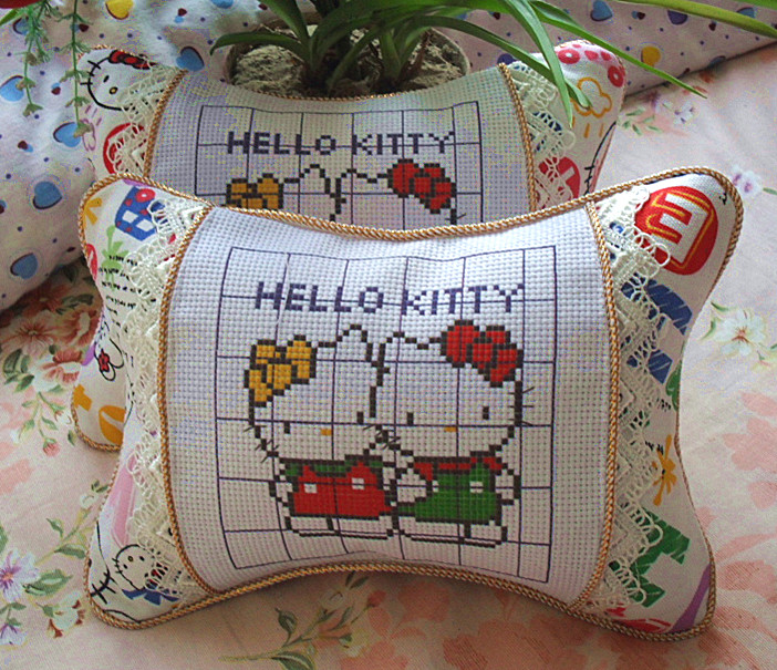 精准印花十字绣车枕头枕颈枕骨枕套件凯蒂kt纯棉十字绣套件