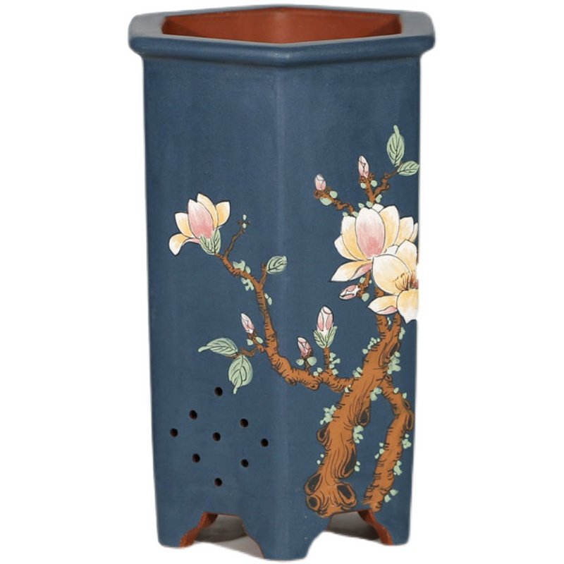 花盆清香阁紫砂蓝色工笔彩绘六方室内春兰桌面花盆