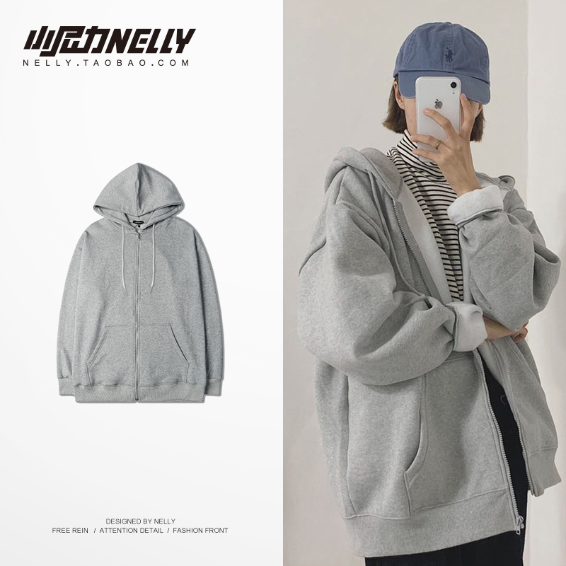 ins秋季韩版加绒运动开衫卫衣潮流连帽bf慵懒风宽松外套男女拉链