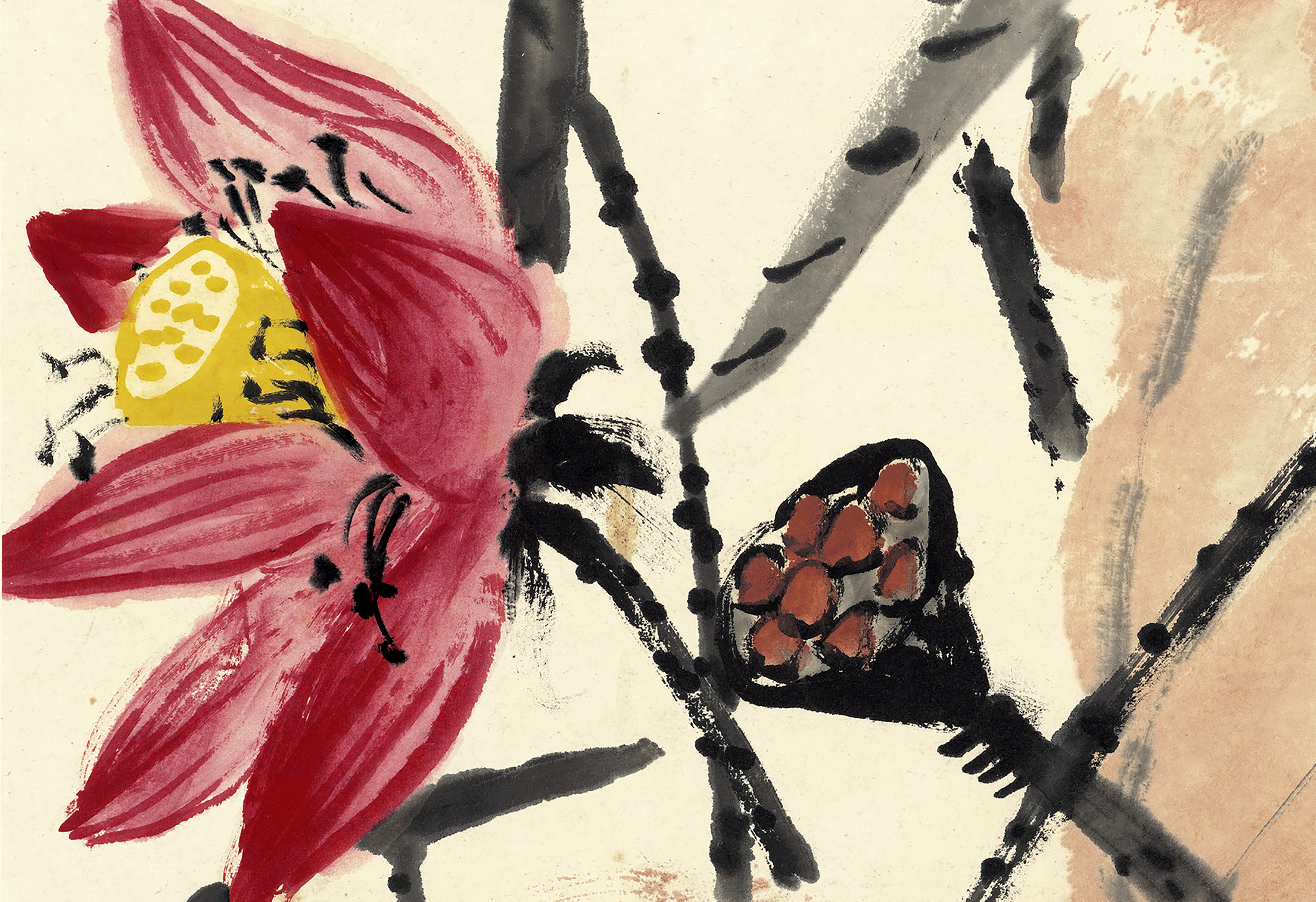 齐白石荷花翠鸟荷花翠鸟国画写意花鸟高清艺术微喷国画