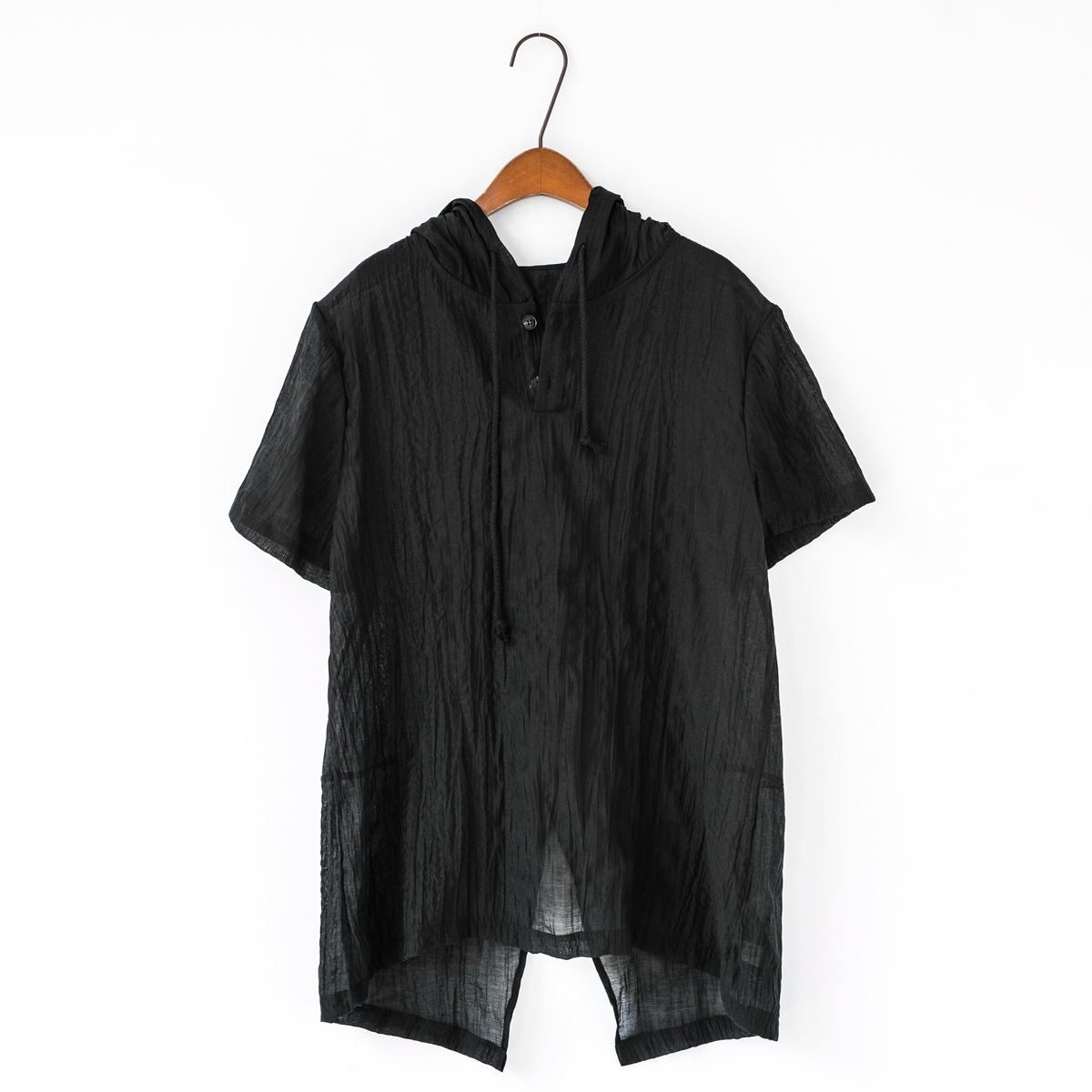 M 花曲男装设计师品牌2021夏季新款短袖T恤 暗黑天丝麻显瘦皱褶