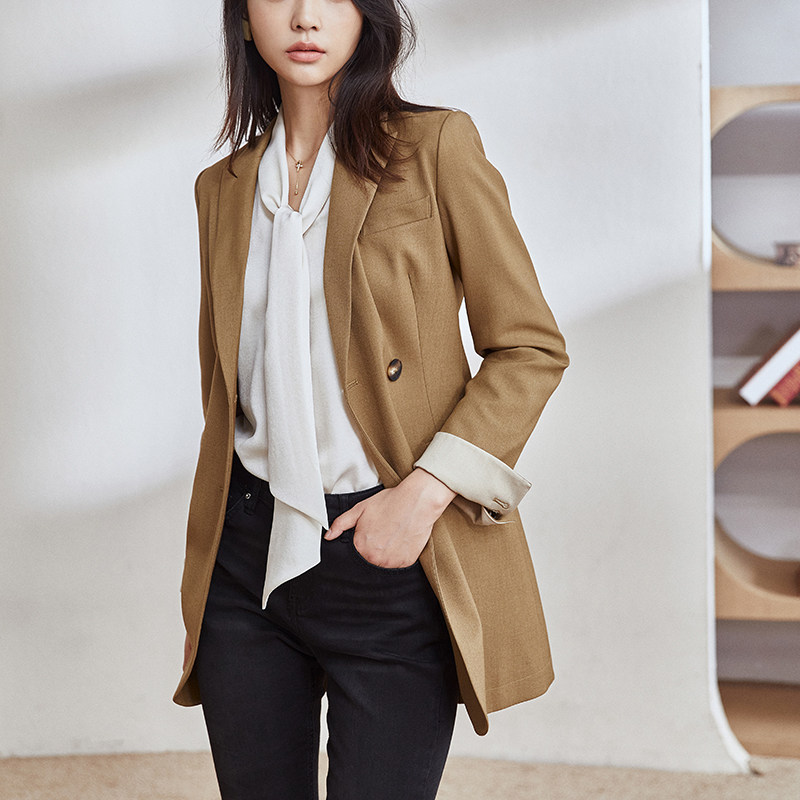 罗衣知性拼接通勤西装外套2021秋装新款棕色西装