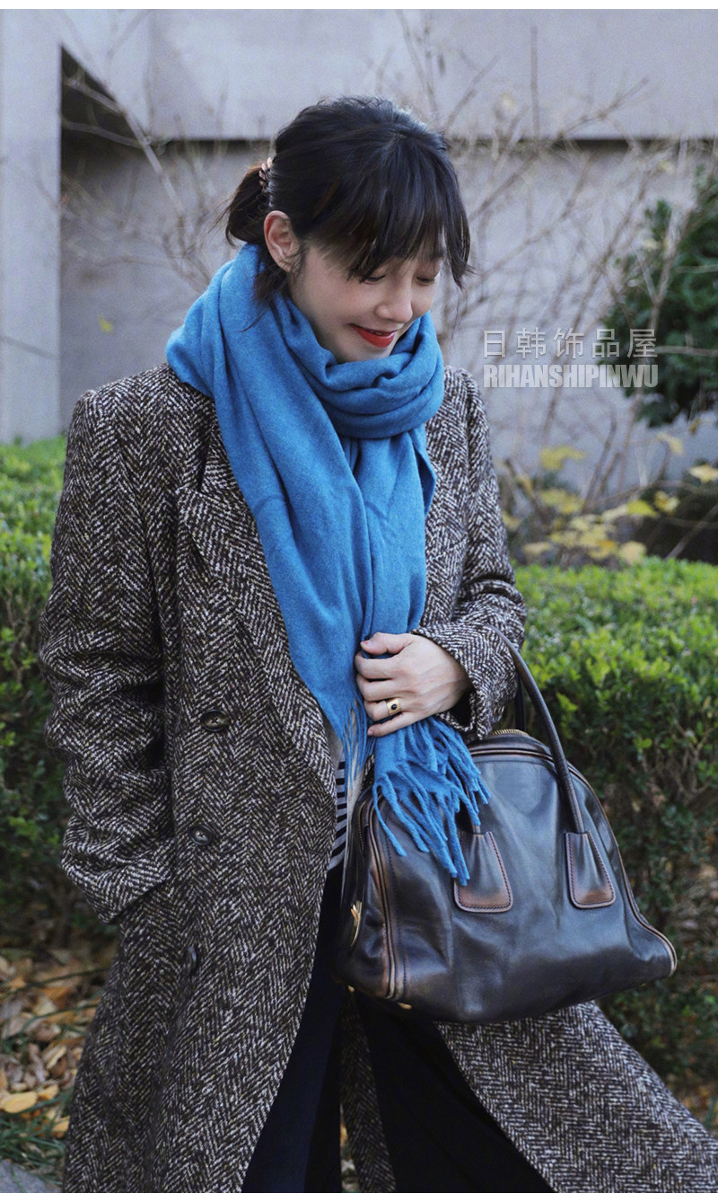 白百何冬季冬潮明星蓝色韩国百搭新款2021纯色围巾