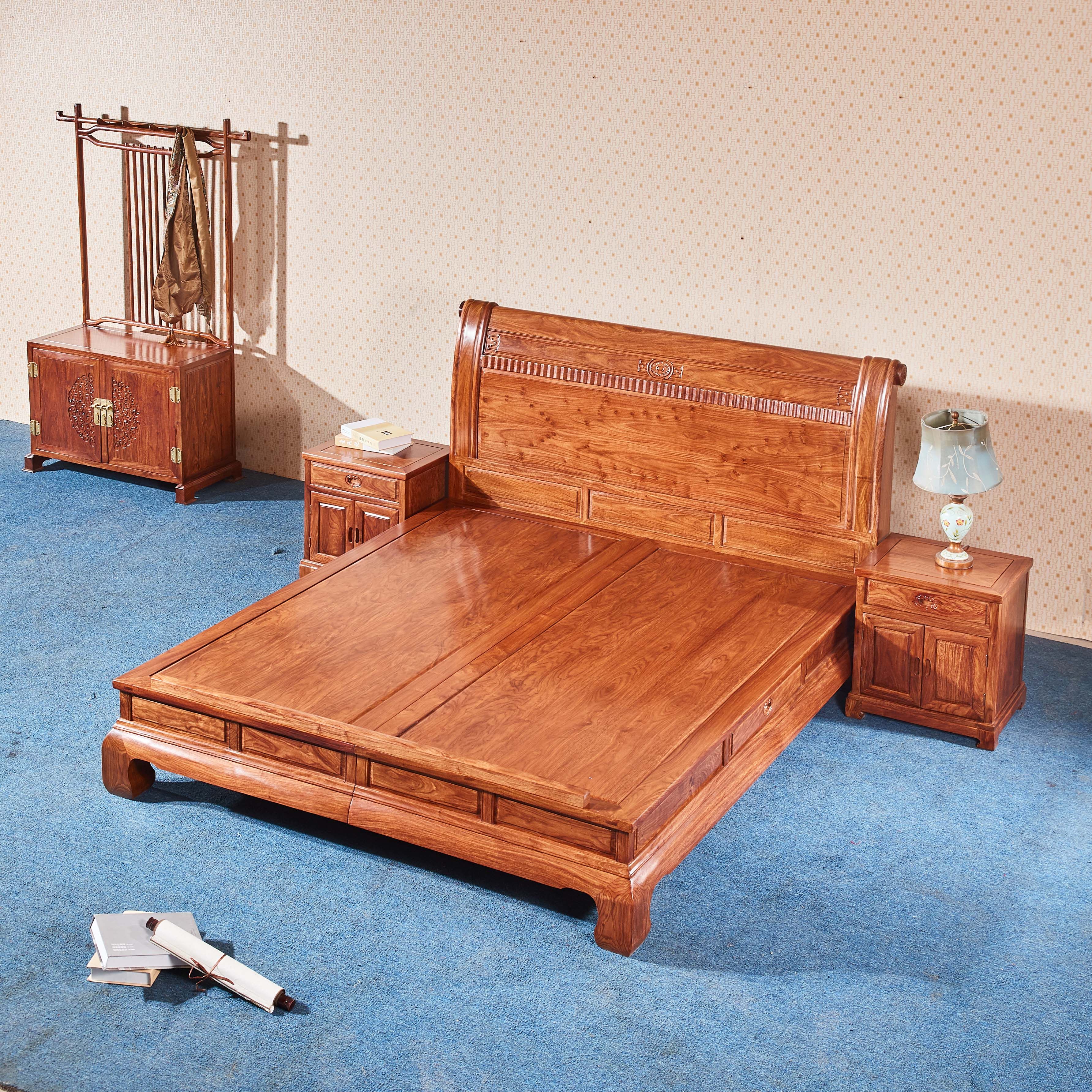 刺猬紫檀红木高脚大床现代新中式简洁实木双床花梨木婚床卧室家具