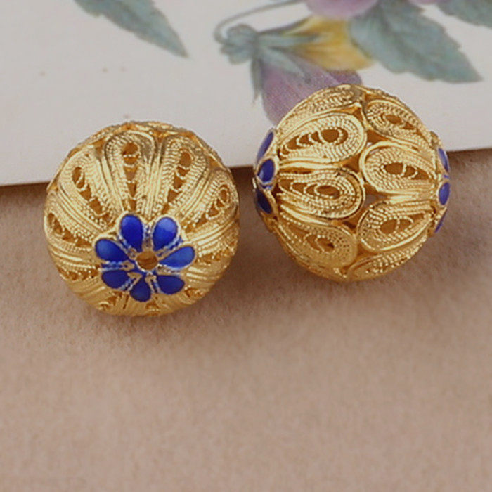 烧蓝花丝圆珠纯银鎏24k工掐丝镂空隔珠吊坠diy饰品高档配件材料