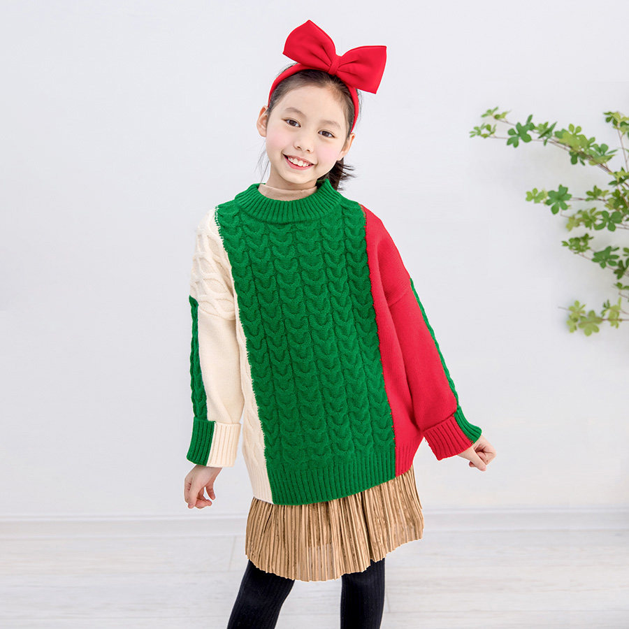 清仓退换女童红色拼接麻花毛衣秋冬儿童洋气毛衣