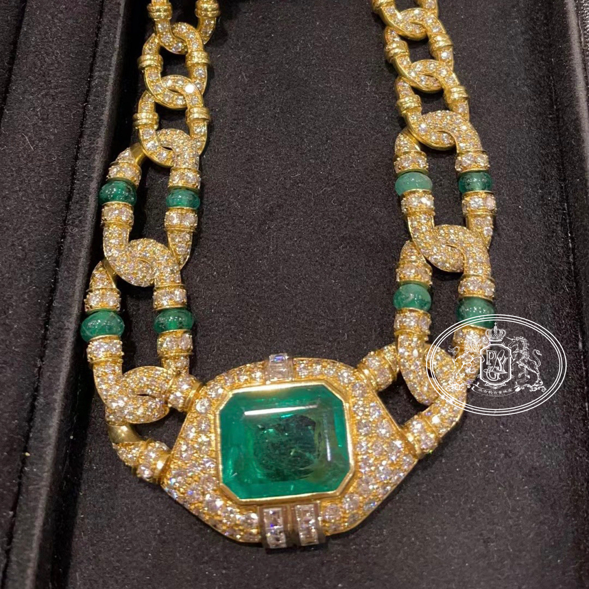 西洋古董珠宝欧洲回流饰品12克拉哥伦比亚祖母绿满钻石颈饰