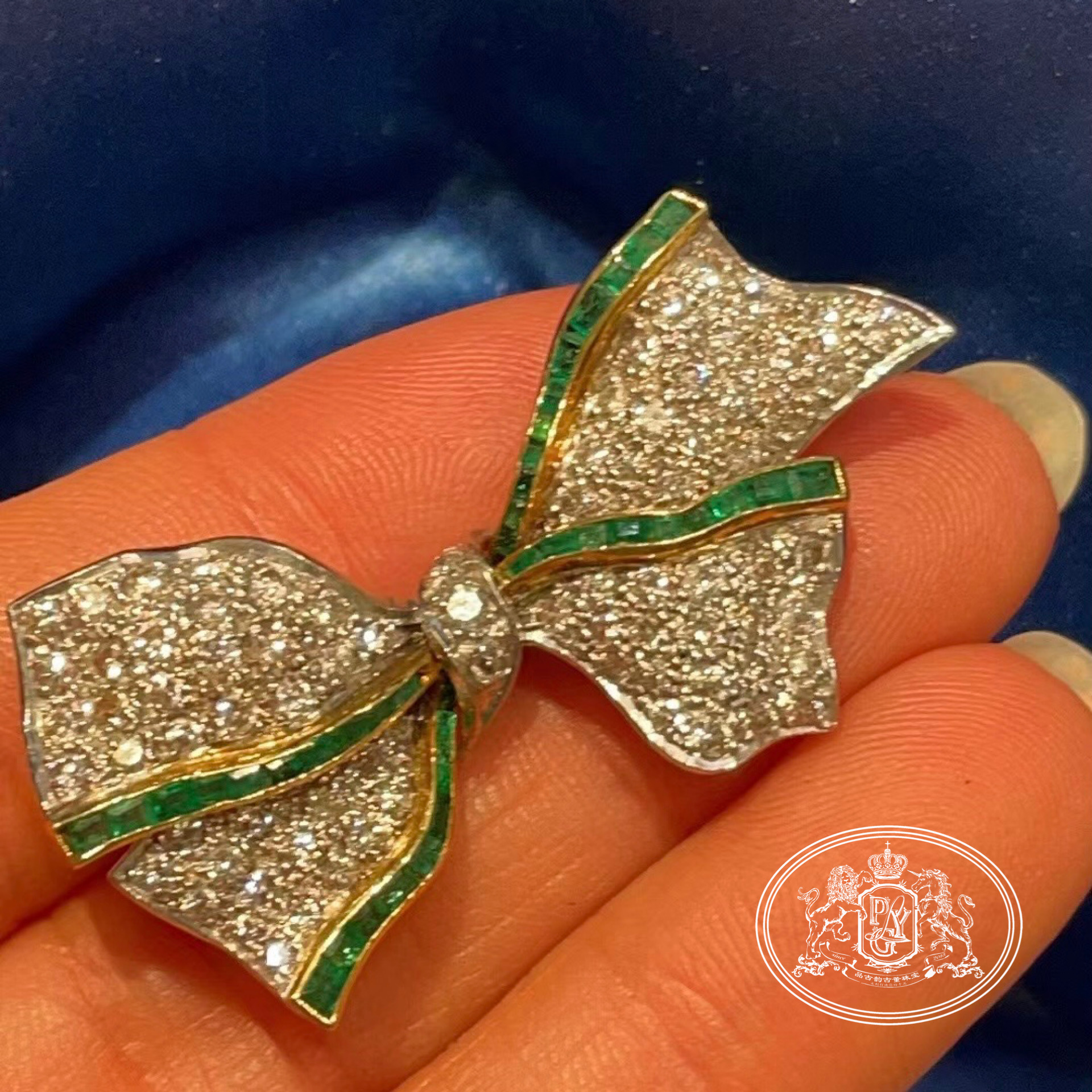 西洋古董珠宝欧洲回流饰品祖母绿钻石蝴蝶结胸针胸饰