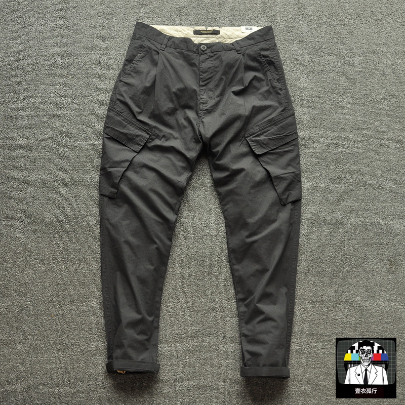 新款秋装中薄暗格纯棉面料修身小直脚多口袋简约百搭工装休闲长裤