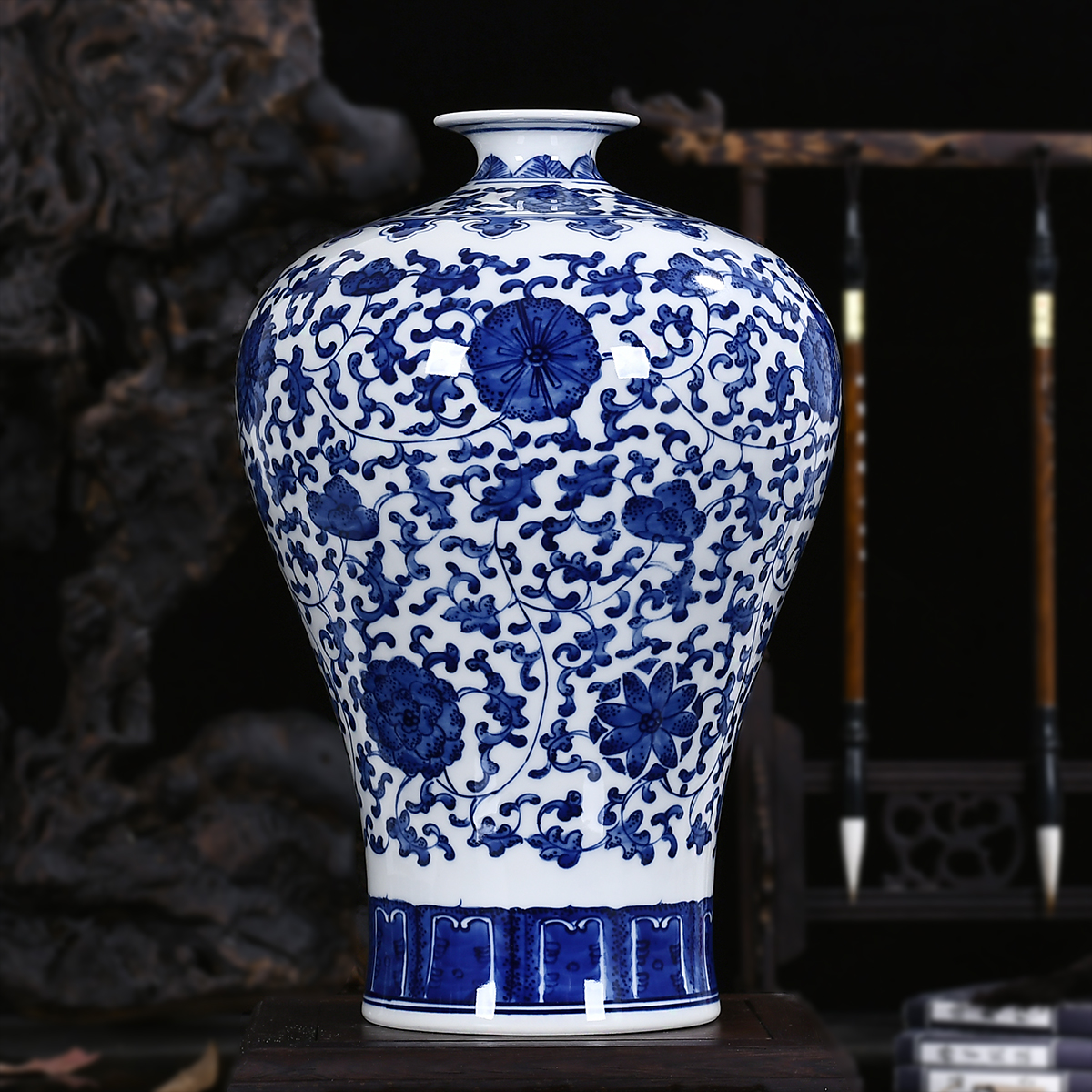 景德镇陶瓷器青花花瓶手绘仿古缠枝花纹梅瓶客厅花瓶