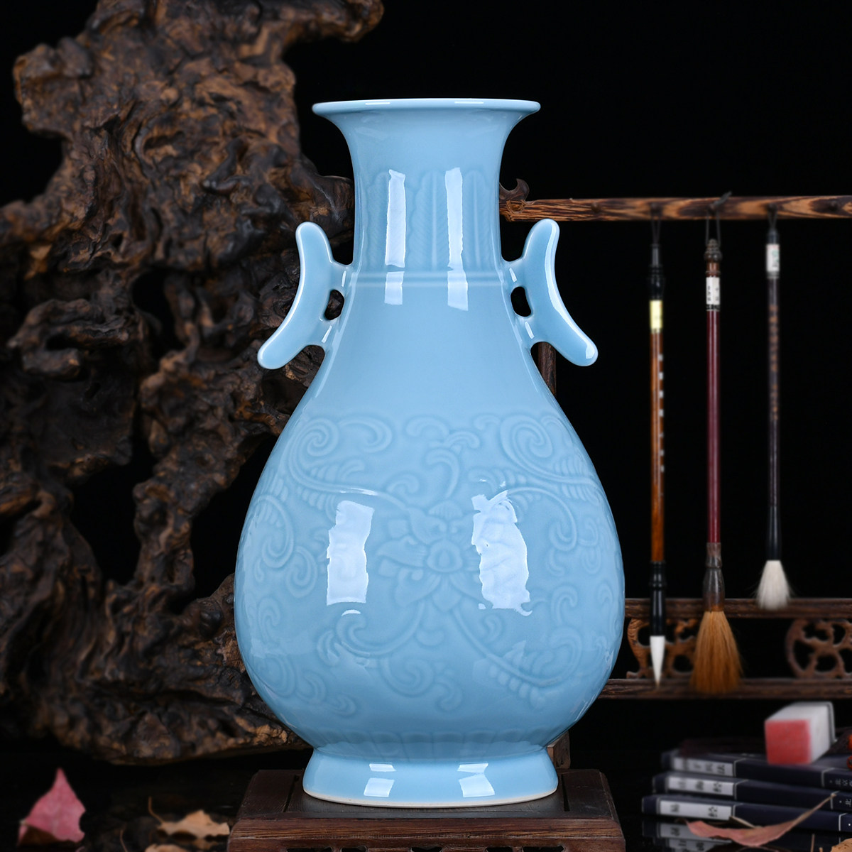 景德镇陶瓷器仿古手工粉青玉壶家居客厅花瓶装饰品花瓶